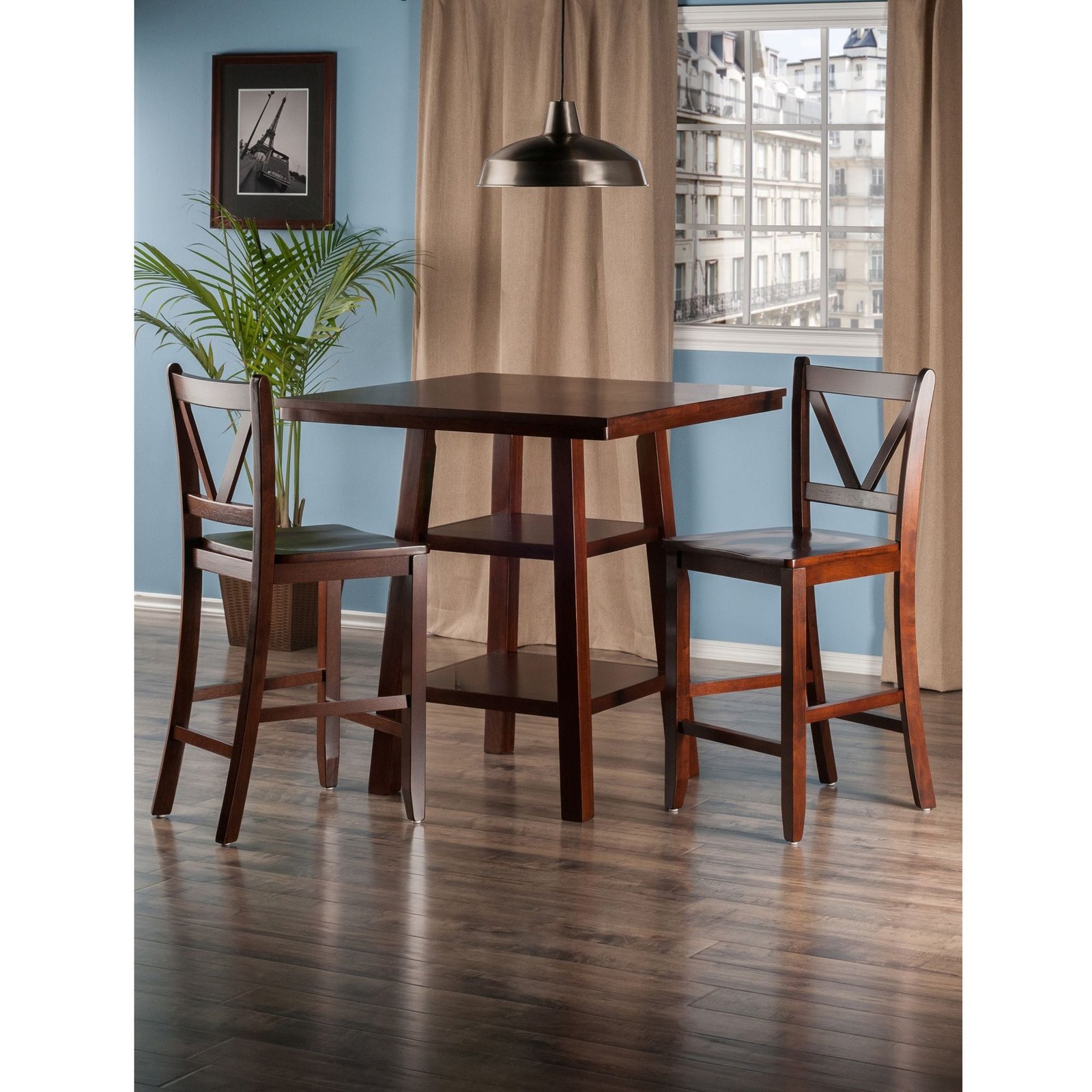 orlando 3 piece dining room furniture set high table with 2 v back counter stools and 2 shelves