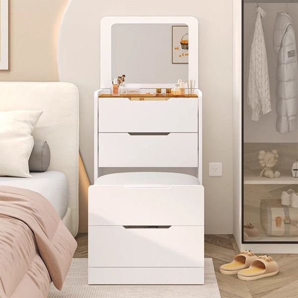 3 in 1 small bedroom makeup vanity set flip mirror light 3 color lighting visible glass tabletop 3 drawer storage bench for