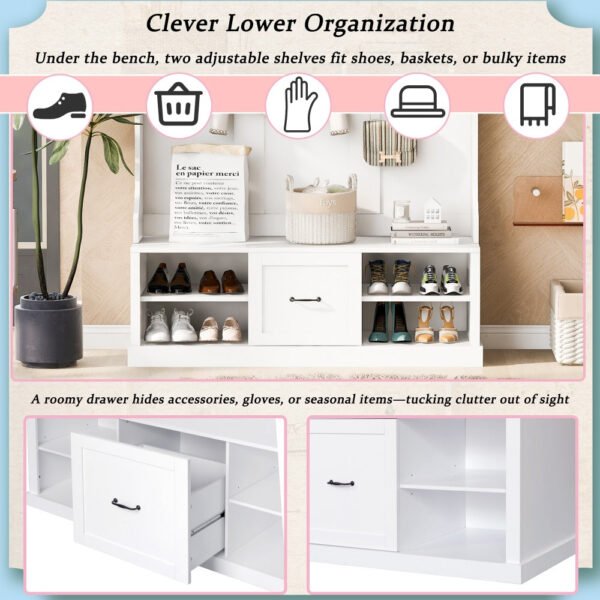 57'' hall tree with 6 hooks, coat hanger, entryway bench, 3 in 1 design, a spacious drawer for entrance, living room