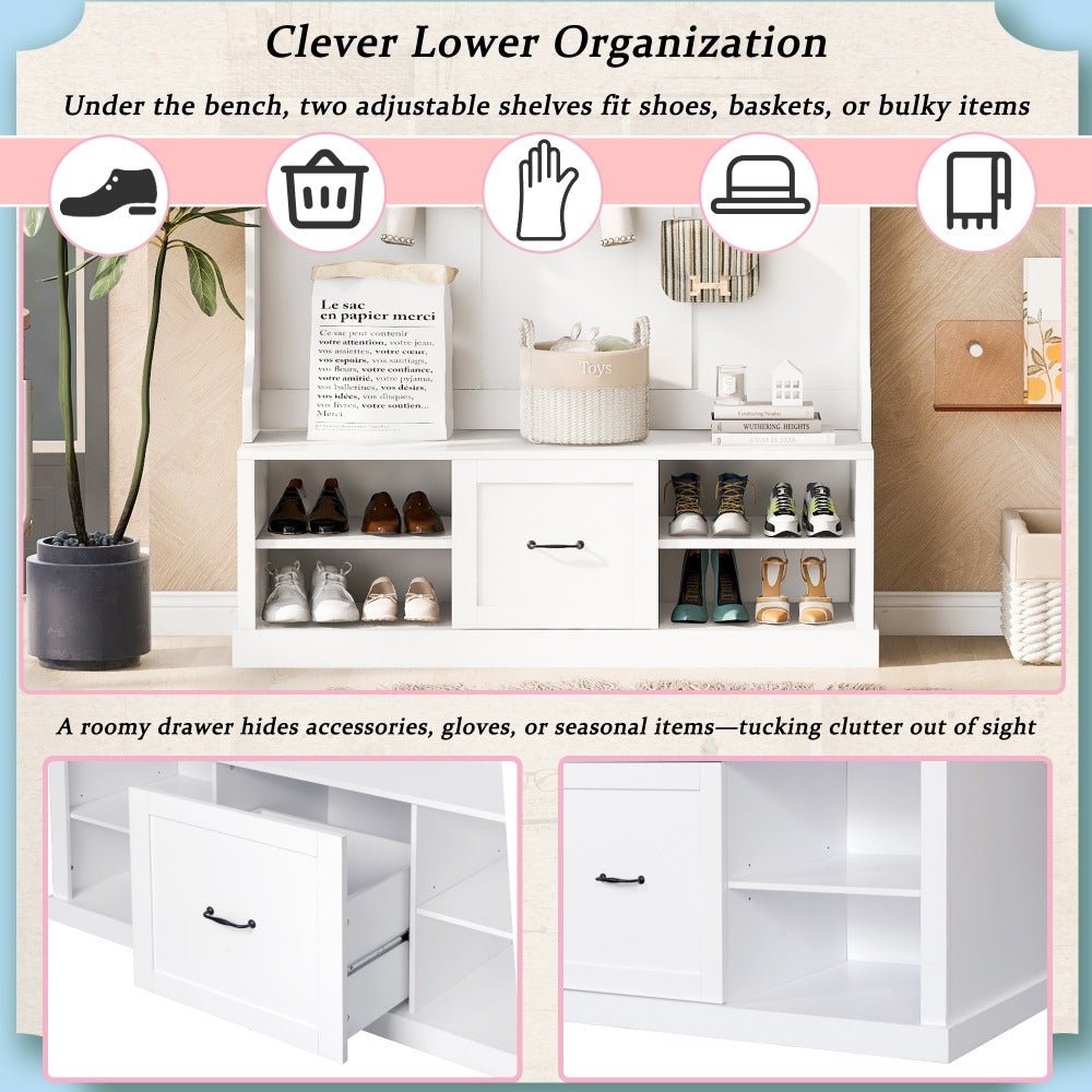 57'' hall tree with 6 hooks, coat hanger, entryway bench, 3 in 1 design, a spacious drawer for entrance, living room