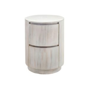 24" hms white solid wood round drum end table with two drawers for living room furniture