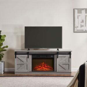 65 inch grey entertainment center tv stand sliding barn door fireplaces storage cabinets farmhouse style fireplaces storage