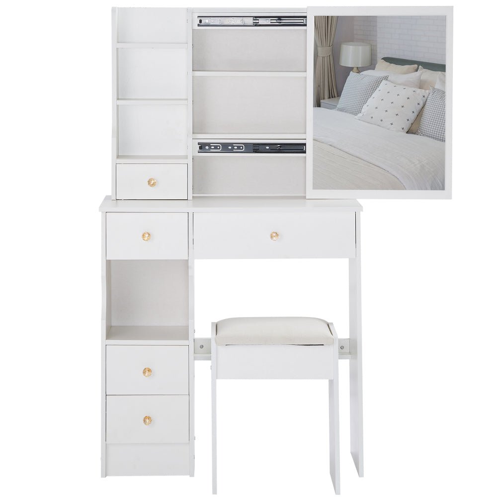 29.2" small size left drawer desktop vanity table + cushioned stool, large sliding, touch control, tri color switching