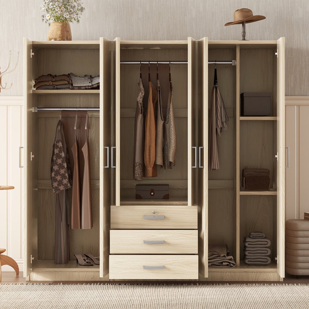 6 doors wooden wardrobe storage for bedroom,with 4 drawers,white+nature