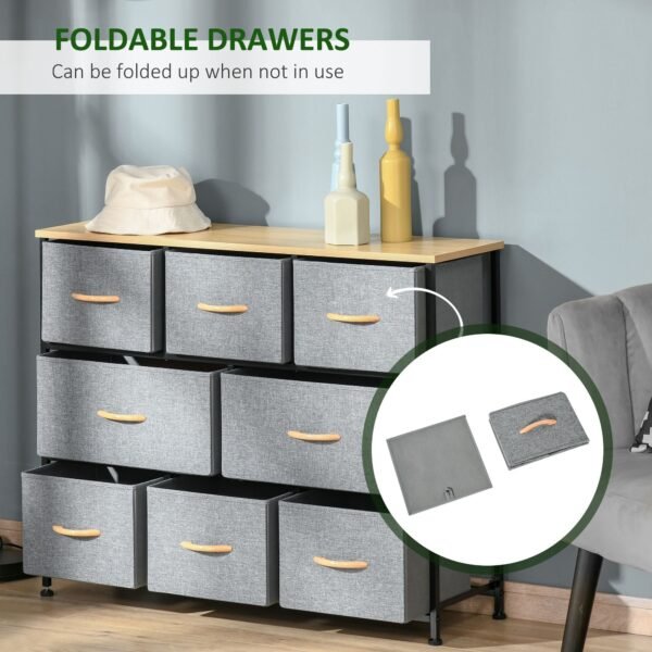 8 drawer light gray fabric dresser with steel frame & wooden top for bedroom or hallway use