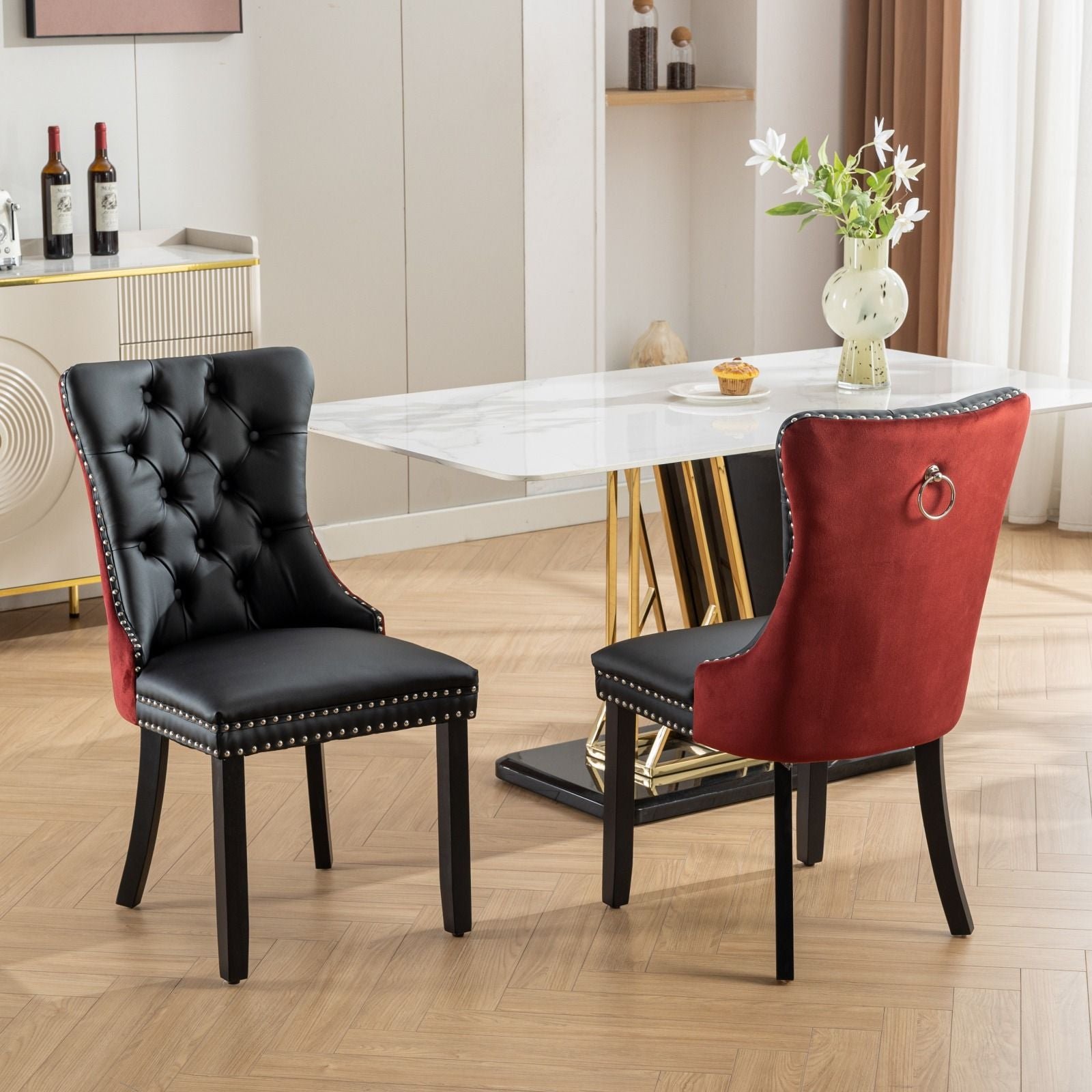 a&a furniture nikki collection modern tufted solid wood dining chair set velvet pu upholstered nailhead trim black wine red