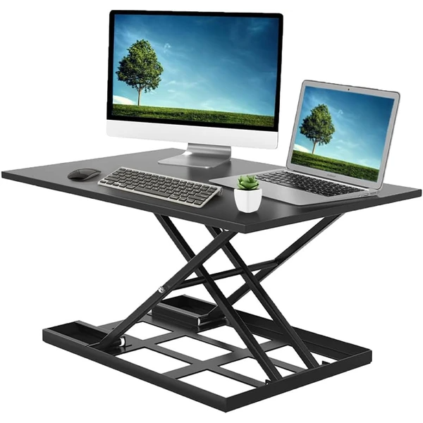 adjustable height ergonomic standing desk foldable and easy move large wide rising tabletop for laptop home office black fcj