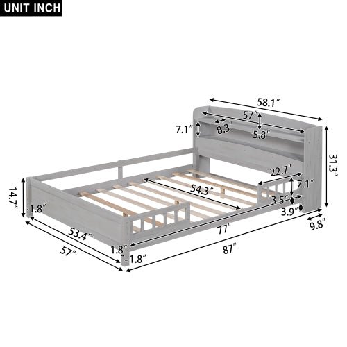 fcj elegant minimalist antigue grey wood full size platform bed tufted design built in led light storage headboard guardrail