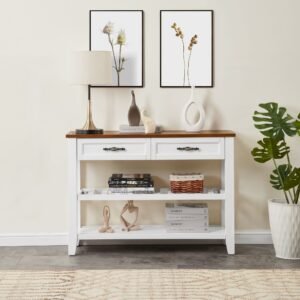 retro design pine solid wood console table with open shelves and legs for living room decor