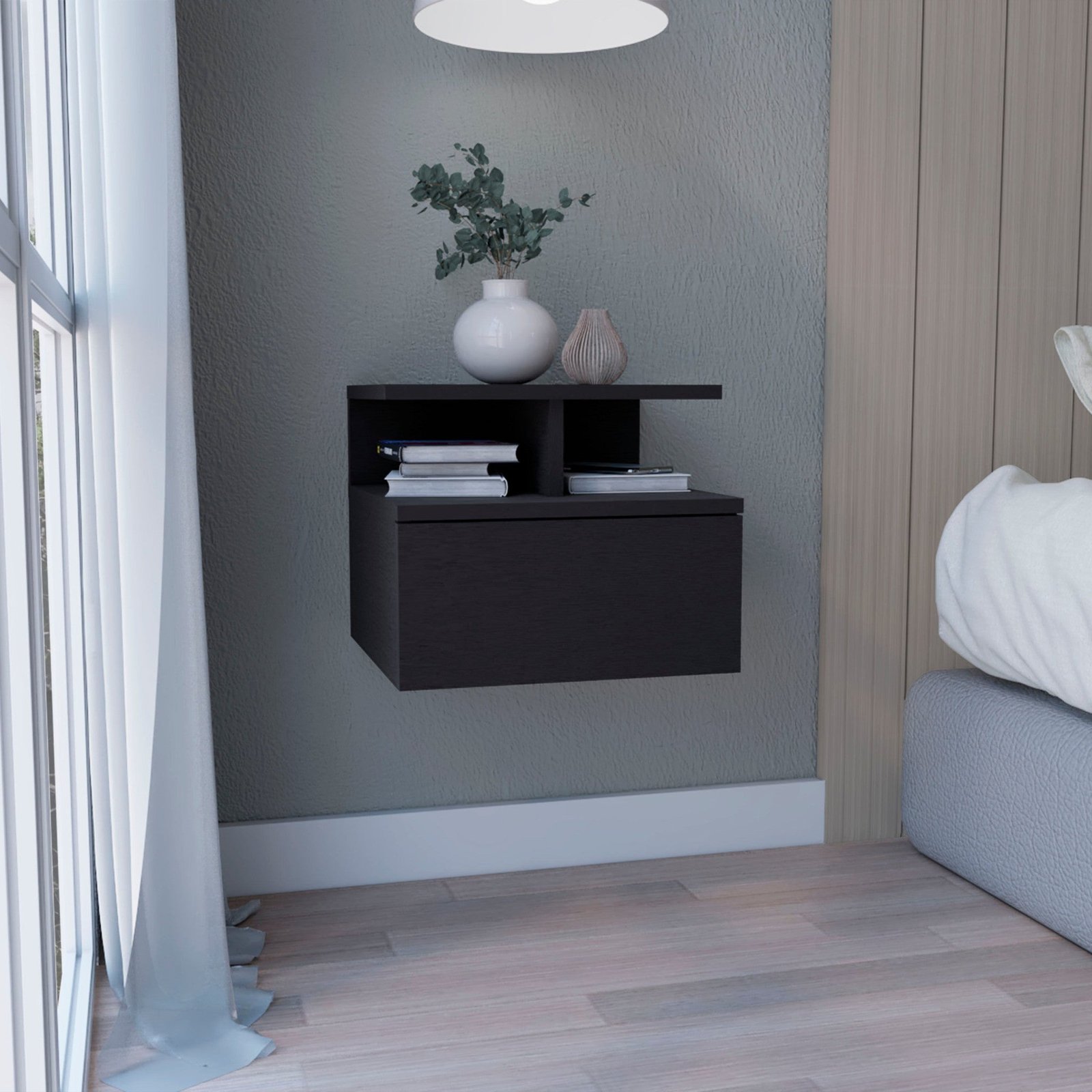 12" black teak solid wood one drawer floating nightstand modern luxury minimalist design foldable for apartment or home use