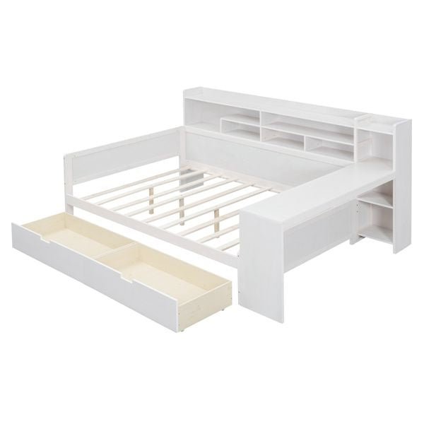 antique white wooden full size daybed with storage shelves and study desk multi functional upholstered bed with two drawers