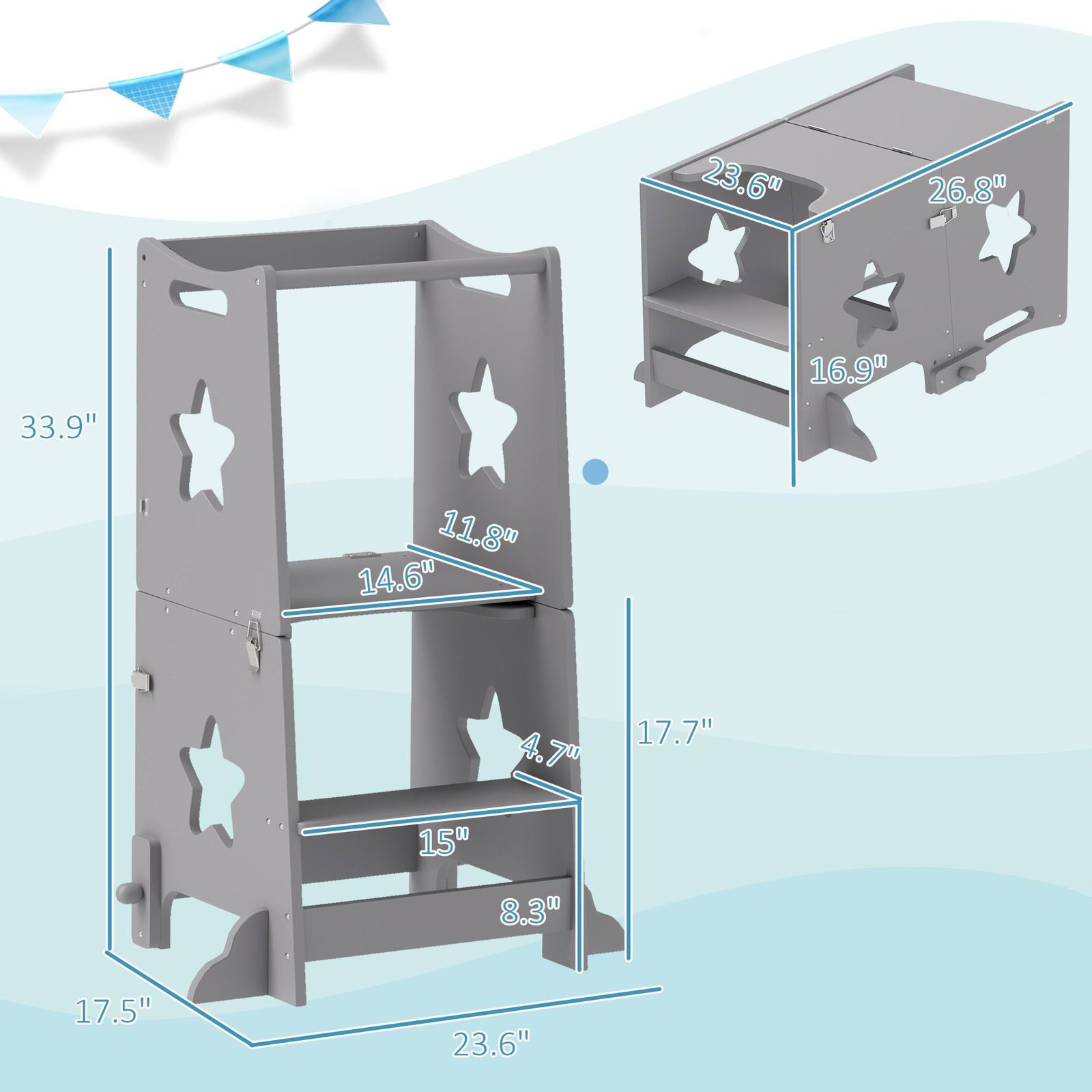 2 in 1 gray toddler tower with safety rail for bathroom sink kitchen counter or ottomans for multiple uses