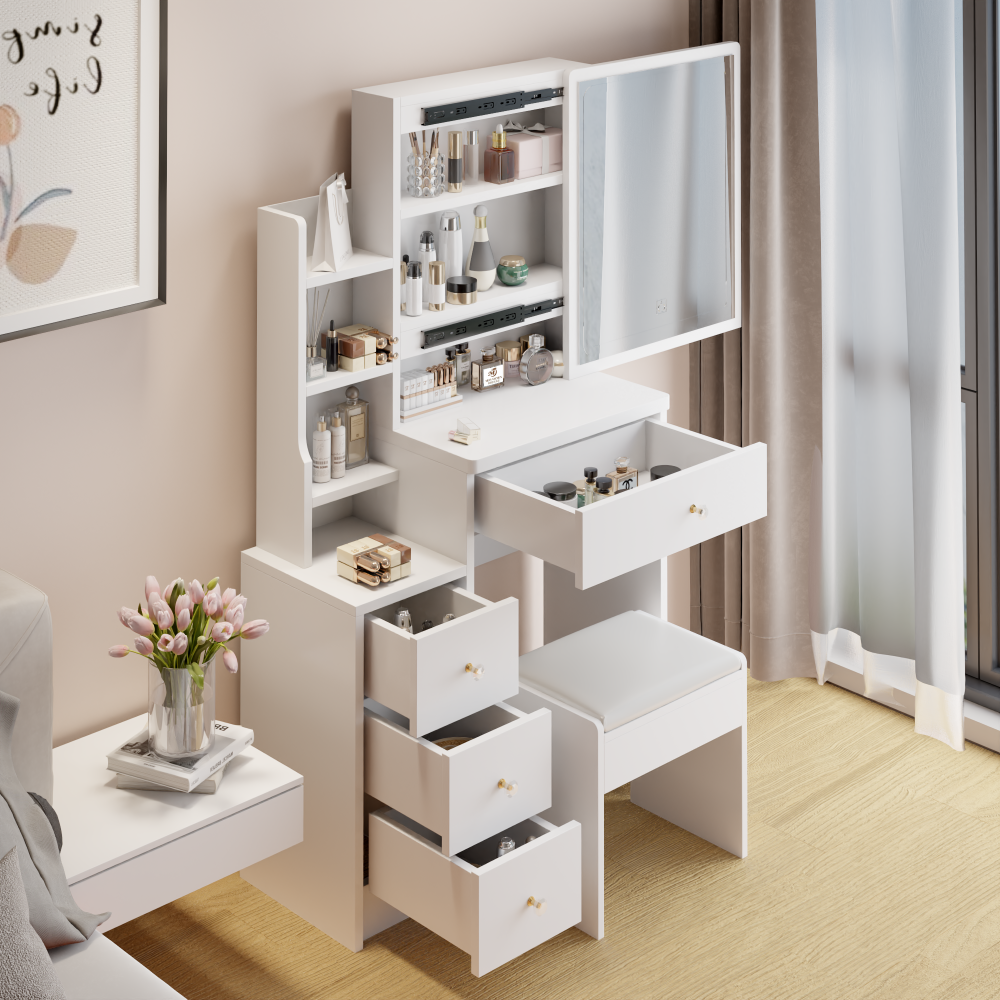 29.2" small space left bedside cabinet vanity table + cushioned stool, extra large right sliding mirror