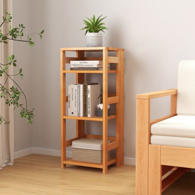 4 tier living room bookcase durable rubber wood with side fences elegant bookshelf for home office or classroom