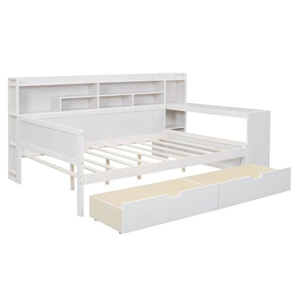 antique white wooden full size daybed with storage shelves and study desk multi functional upholstered bed with two drawers