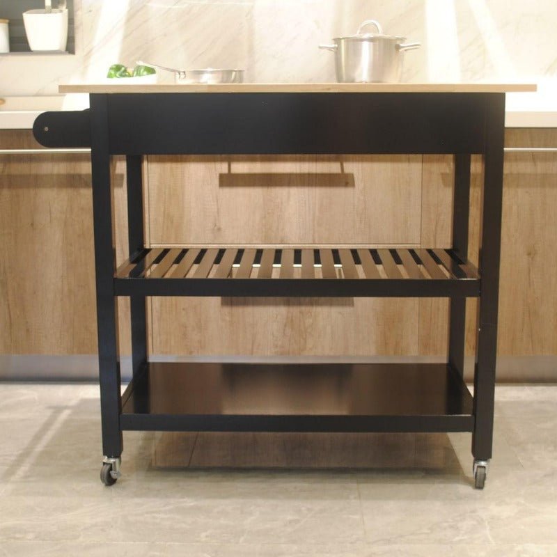 kitchen island cart, rolling trolley cart utility cabinet, with rubber wood top, easy clean with towel rack, one drawer