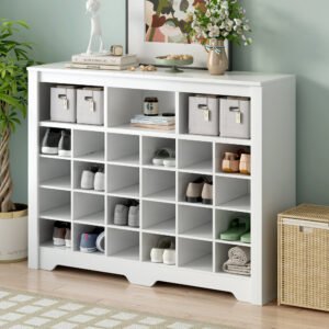 sleek design 24 shoe cubby console, modern shoe cabinet with curved base, versatile sideboard