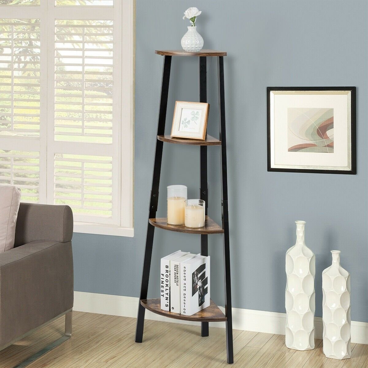 4 tier metal storage rack corner shelf bookcase and plant display stand