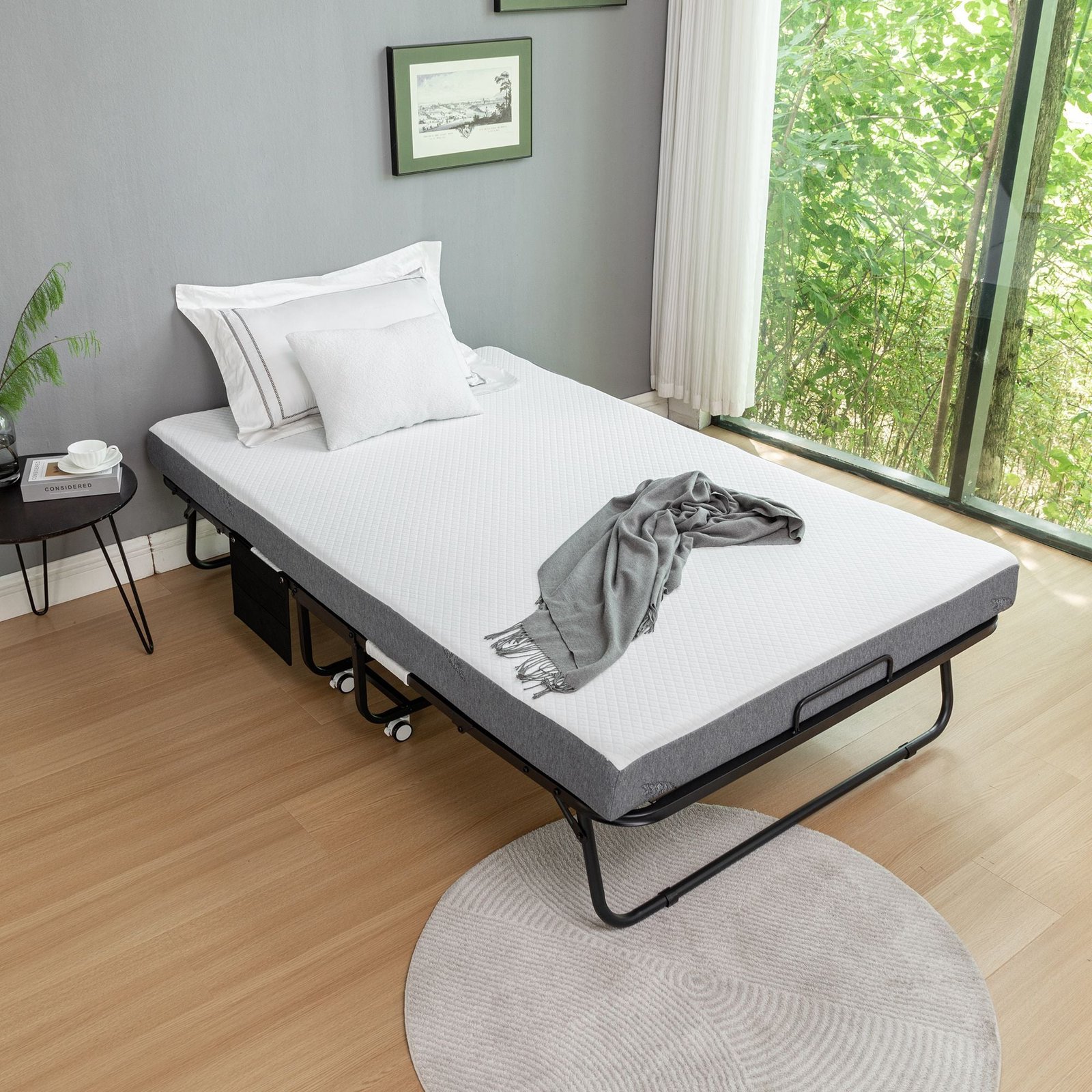 75 in. x 45 in. portable metal frame rollaway bed memory foam mattress wheels 45 in. x 75 in. folding metal bed bedroom
