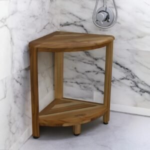 hms 17" luxury brown teak corner shower bench with european style plastic shelf versatile for bathroom living room bedroom