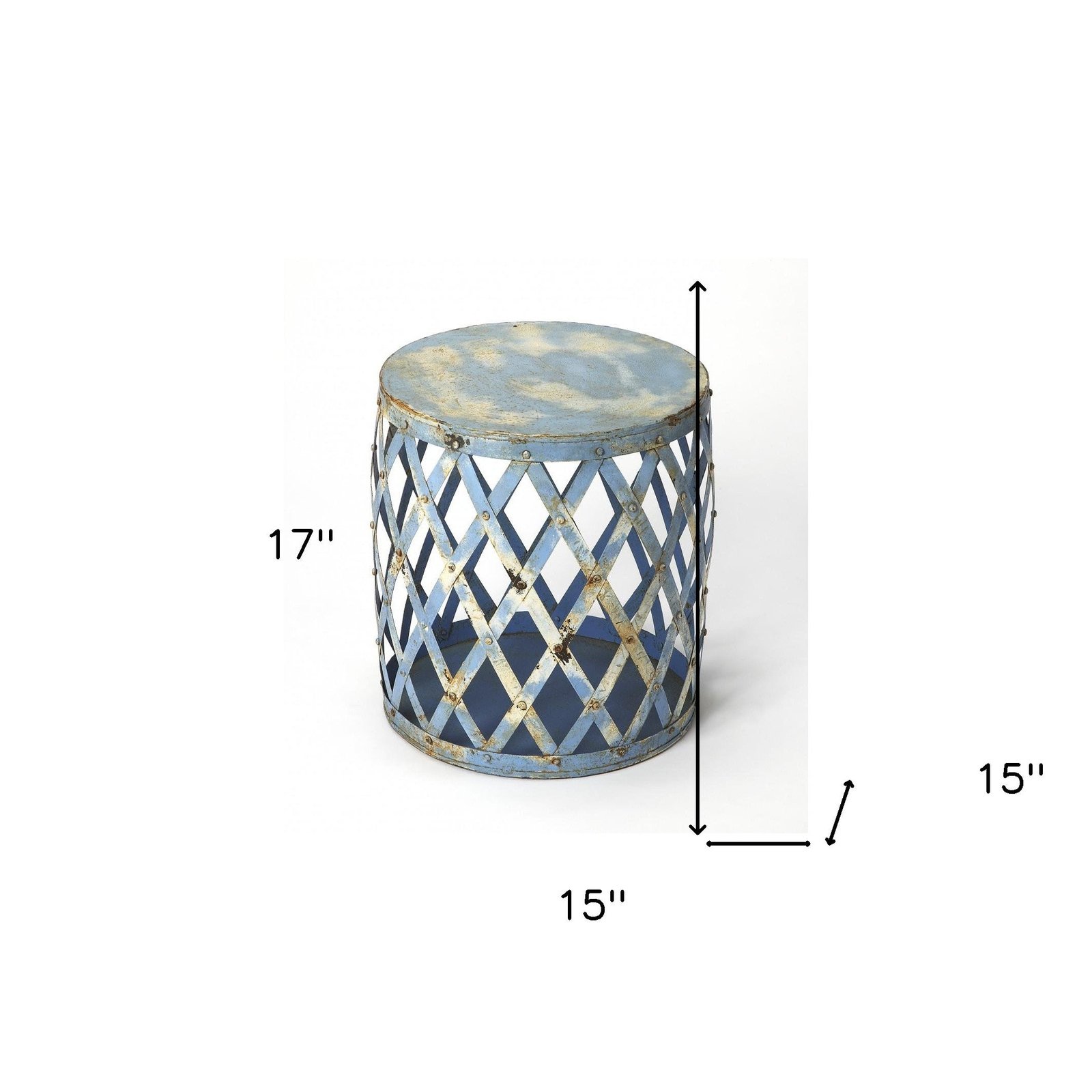 17" rustic blue iron lattice round top end table hms living room furniture