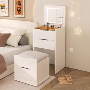 3 in 1 small bedroom makeup vanity set flip mirror light 3 color lighting visible glass tabletop 3 drawer storage bench for
