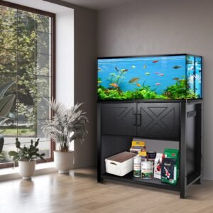 40 gallon tank stand with cabinet and power outlets, heavy duty metal aquarium stand for 40 50 gallon breeder tank, black