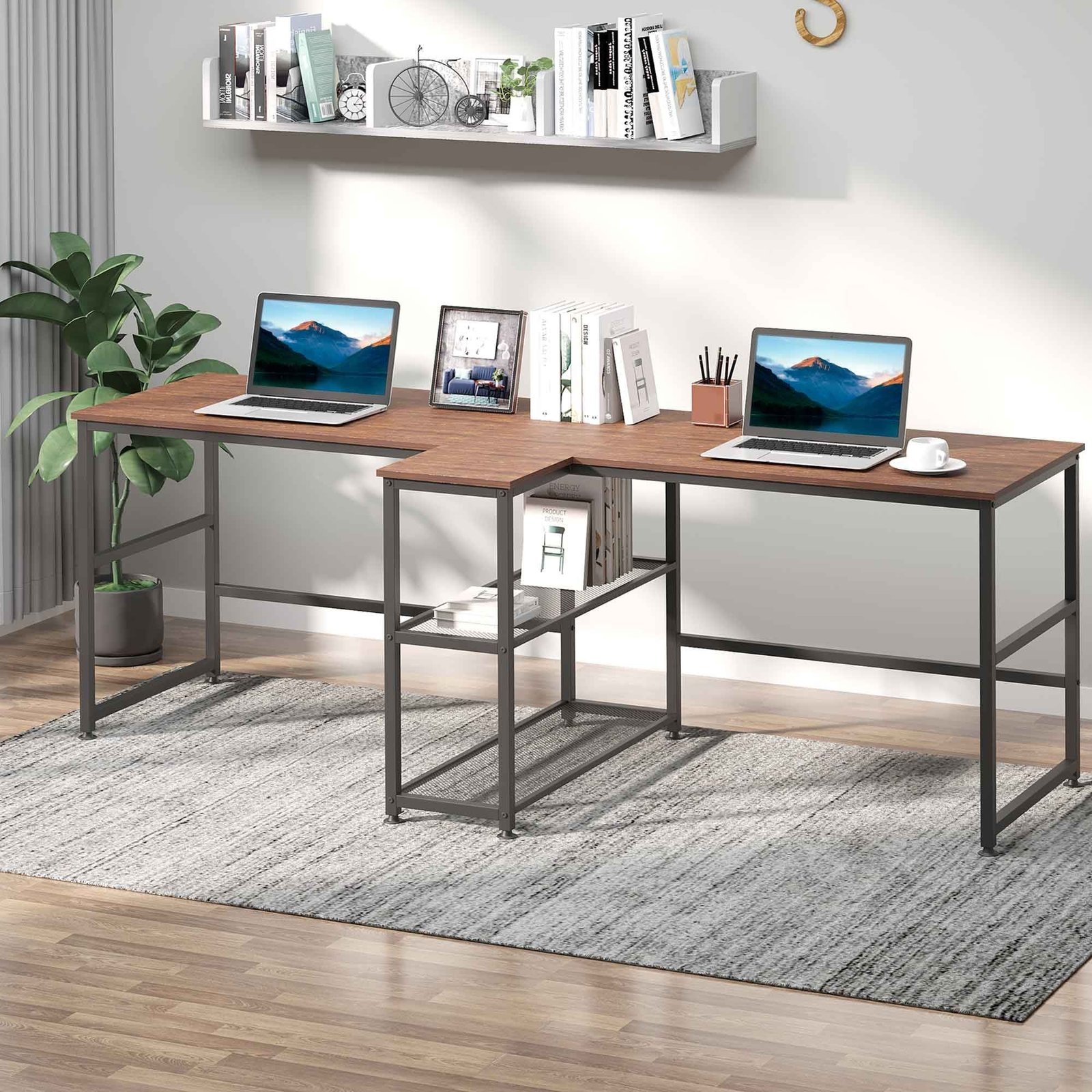 83'' two person dark walnut office desk with storage shelves large computer study writing table for home or office