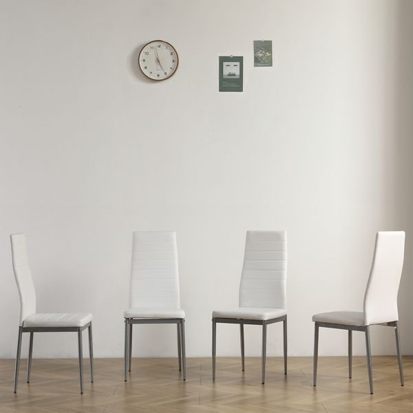 4pcs white pu leather dining chair with gray leg n201 horizontal sewing decoration backrest cushion