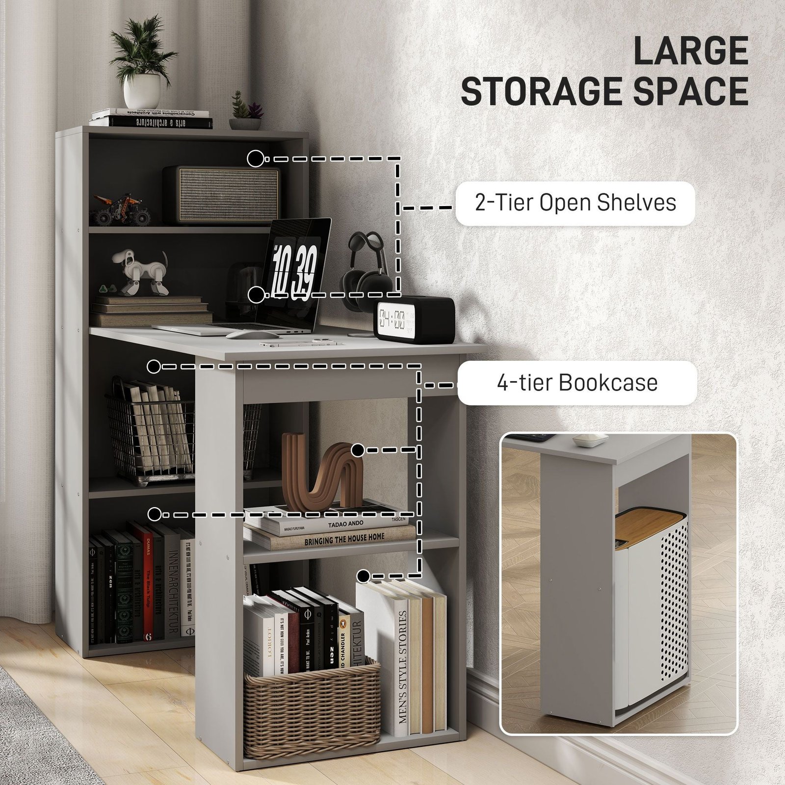 compact gray workstation writing desk with 6 tier storage shelves computer table bookshelf for home office