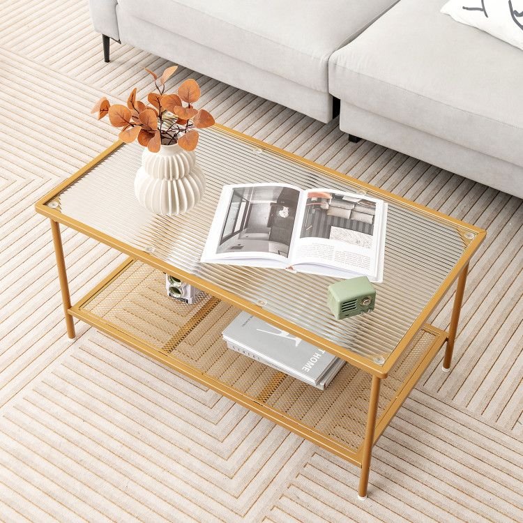 2 tier coffee table with tempered glass top and shelf for tea & beverage serving