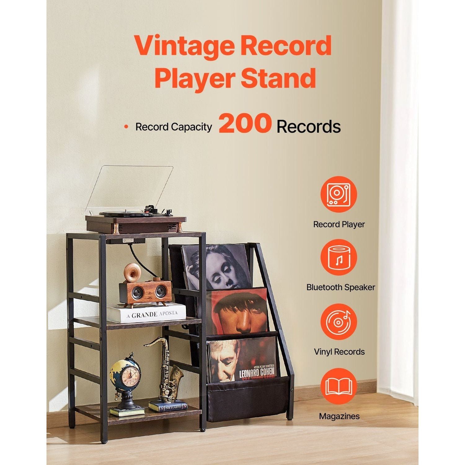 3 tiers black metal record player stand with led light & usb ports vinyl cd racks