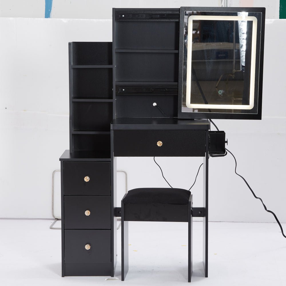 29.2" small space left bedside cabinet vanity table + cushioned stool, extra large right sliding mirror