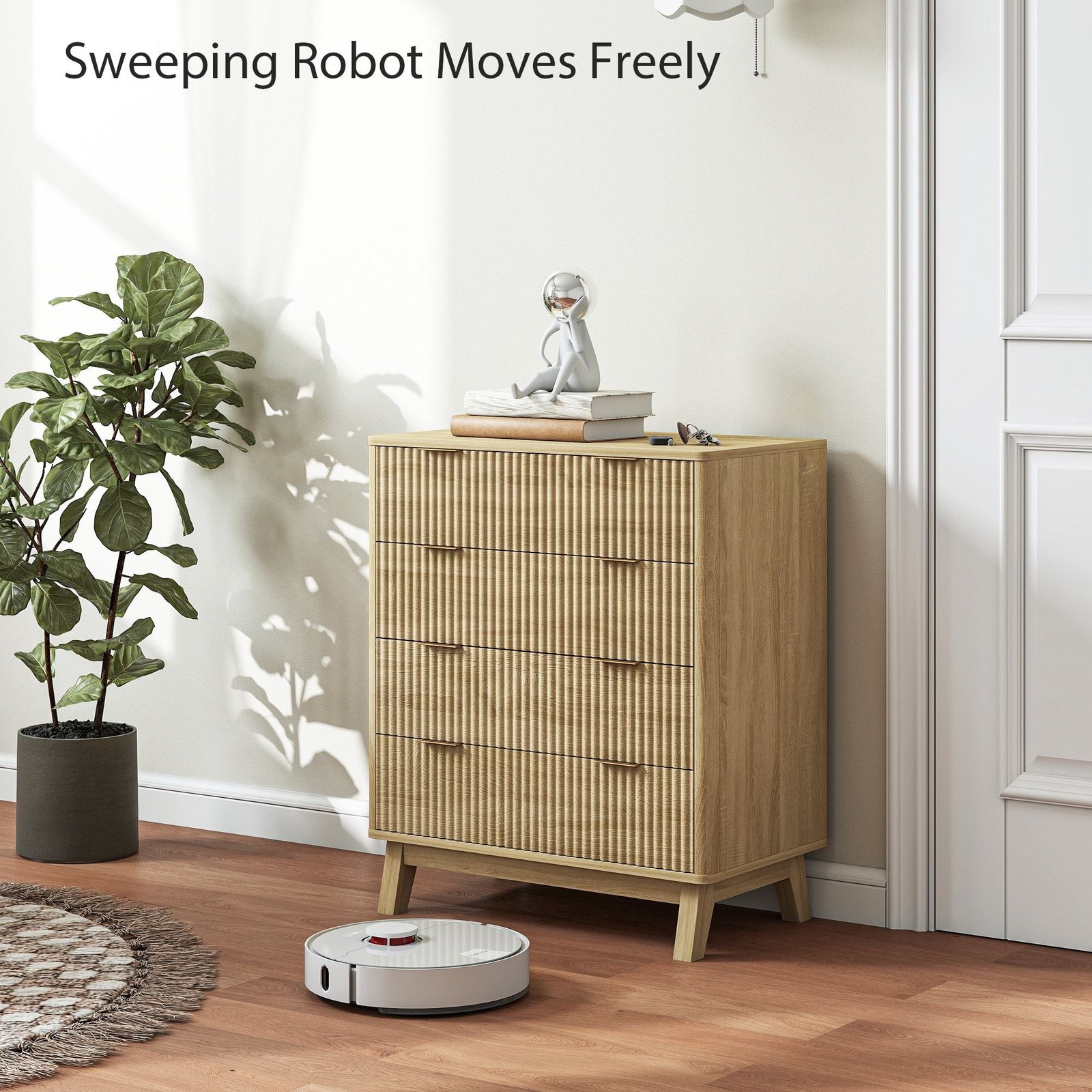 4 drawer double dresser for bedroom, fluted chest of drawers with gold finger pulls and 4 wood legs, natural wood