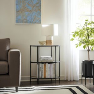 hms 36" two tier etagere bookcase in black and clear metal and glass display