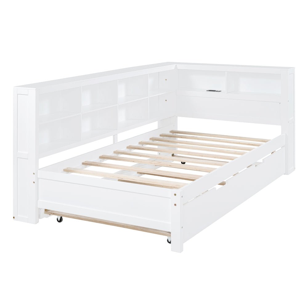 wooden twin size daybed with twin trundle, daybed with storage shelf and usb charging ports,white
