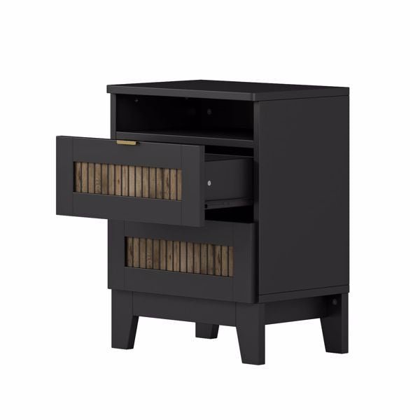 2 drawer black farmhouse nightstand with wooden strip decoration metal handle wood side table for bedroom storage cabinet