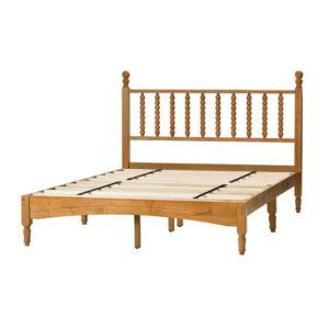 wood bed frame with spindle headboard, solid rubber wood foundation with wood central supports, 1000 lb capacity