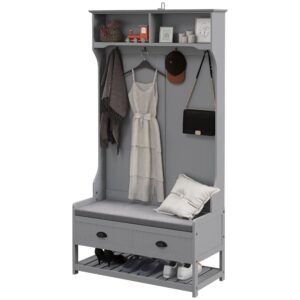 3 in 1 gray hall tree with 2 storage drawers and 4 hooks entryway bench coat rack and mudroom shoe rack with cushions