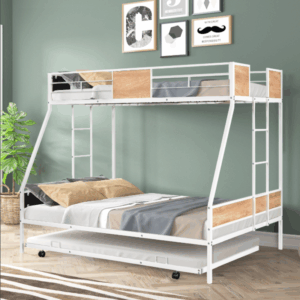 fcj heavy duty sturdy metal double bunk bed rollers noise reduction safety barrier wood trim durable for warehouses single size