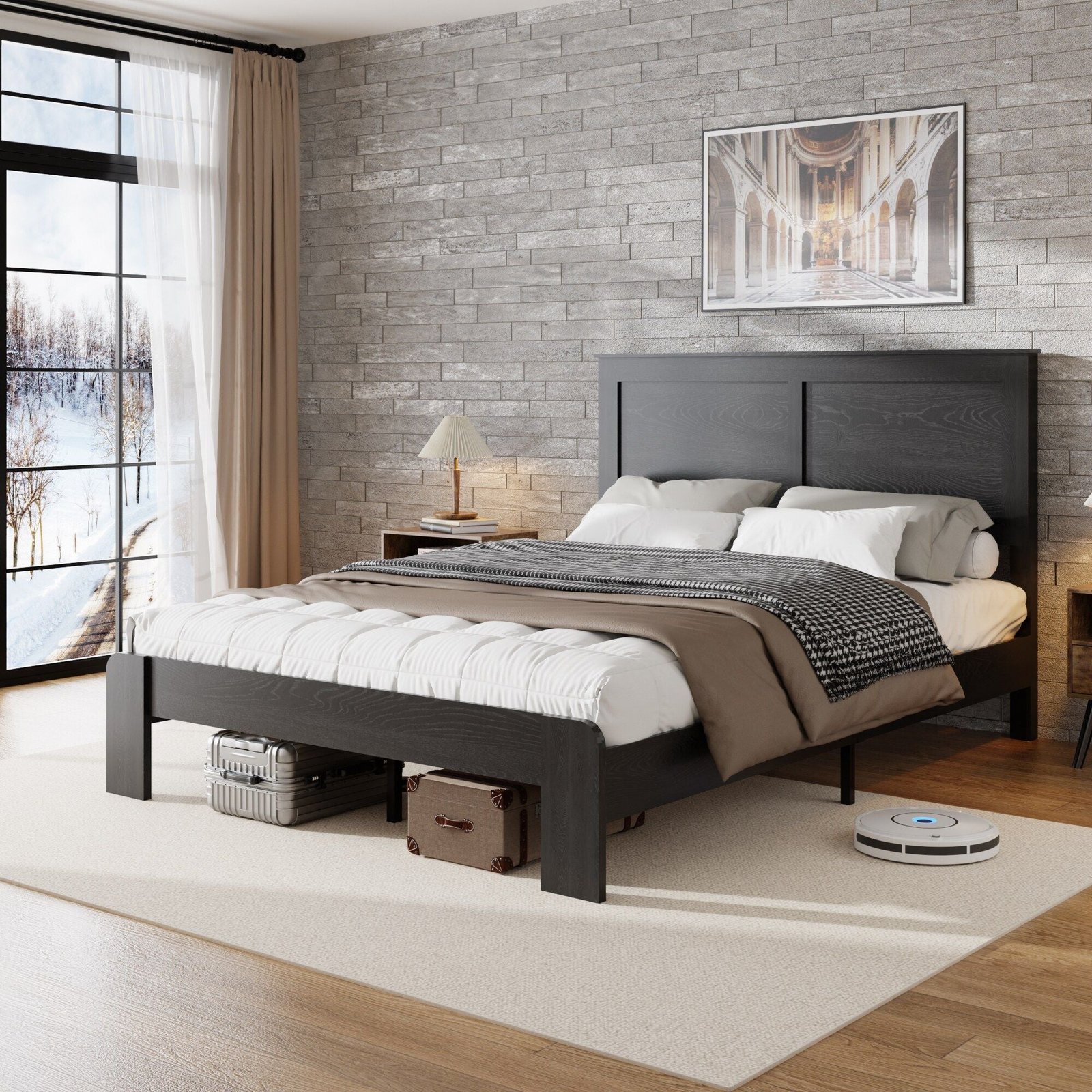 dark black queen size wood platform bed frame with large storage easy assembly noise free no box spring needed for murphy beds
