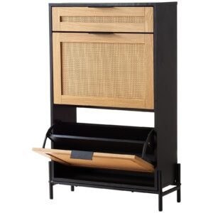 2 flap rattan drawers 1 slide drawer black metal legs slim narrow entryway shoe storage organizer shoe cabinet by brand name