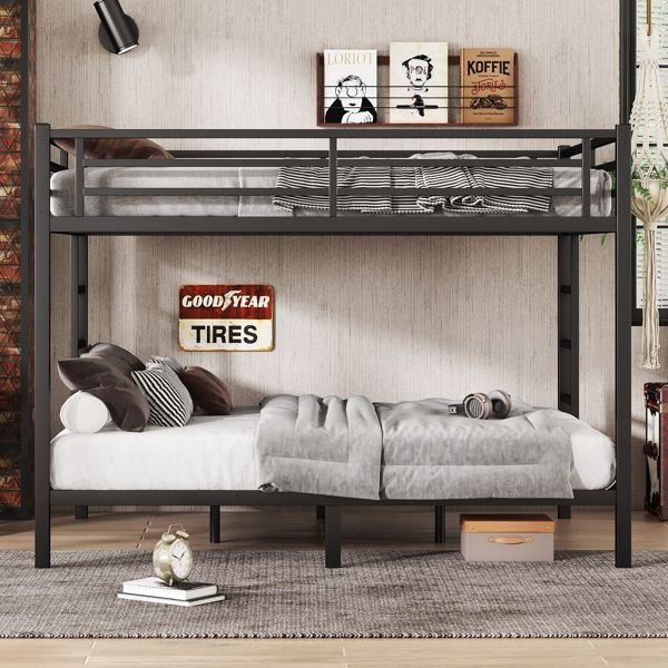 black queen over queen metal bunk bed for teens and adults space saving & noise reduced no box spring needed