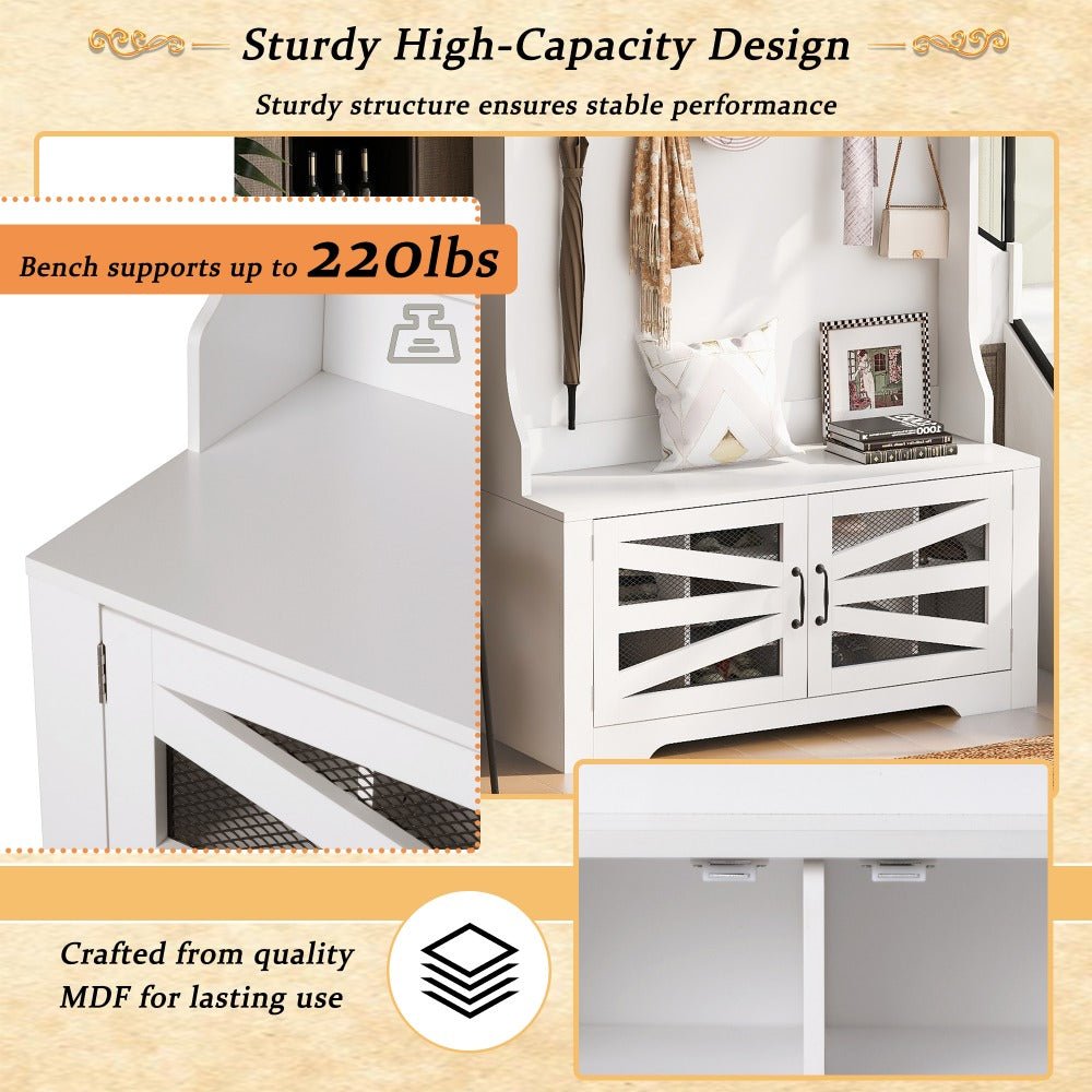 43.3'' entryway bench with coat rack, 3 in 1 design and adjustable shelves, hall tree with 7 hooks for entrance, living room