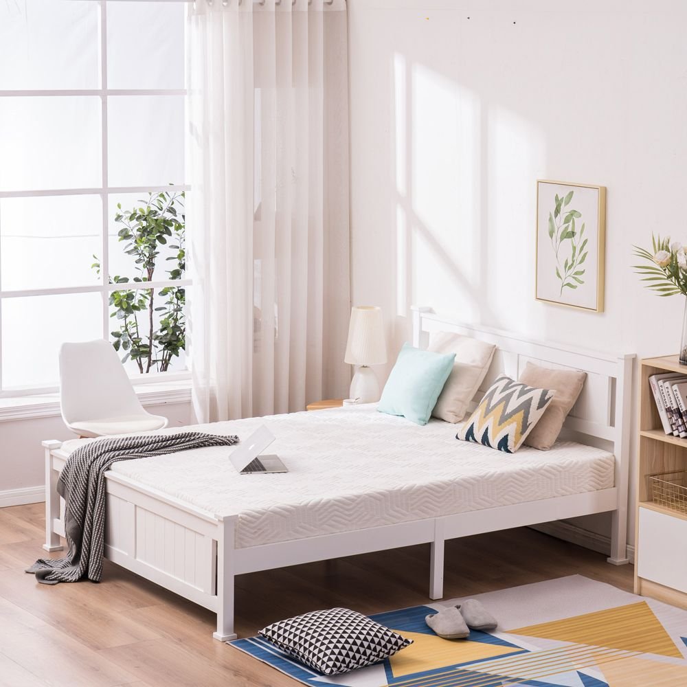 white full wooden bed with vertical decorative core panel pine cap bed
