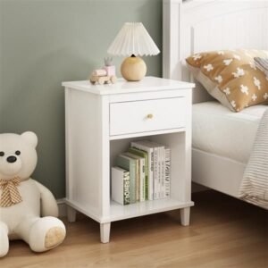 26.77''h white wooden nightstand with one drawer and one shelf for kids and adults