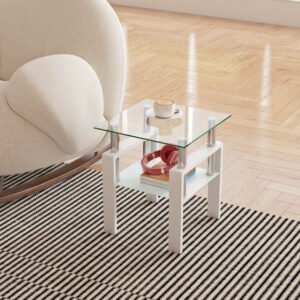 1 piece modern tempered glass tea table coffee table end table, square table for living room, transparent/white