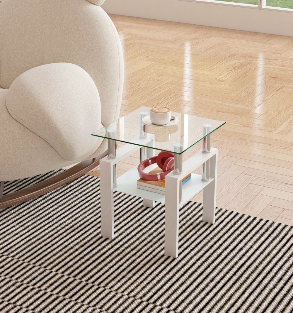 1 piece modern tempered glass tea table coffee table end table, square table for living room, transparent/white