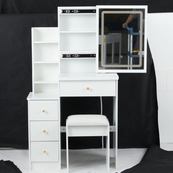29.2" small space left bedside cabinet vanity table + cushioned stool, extra large right sliding mirror