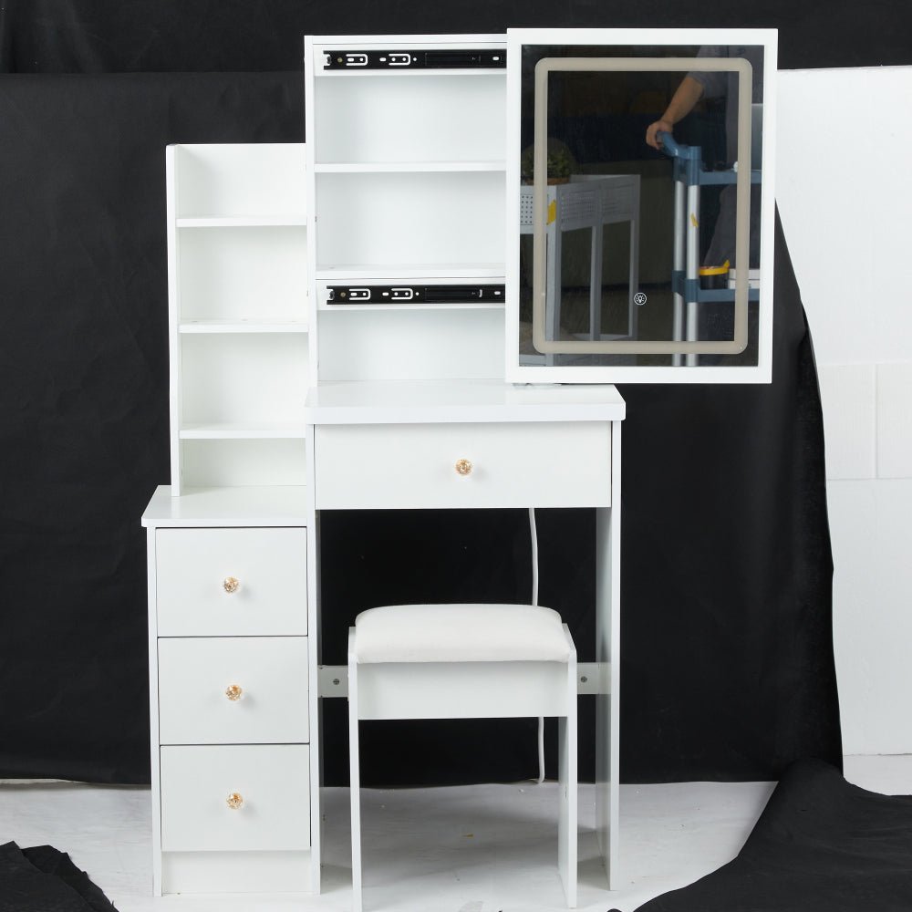 29.2" small space left bedside cabinet vanity table + cushioned stool, extra large right sliding mirror
